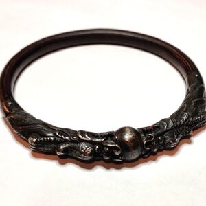 Antique Chinese Twin Dragon Sterling Silver and Rattan Bangle Bracelet Unisex
